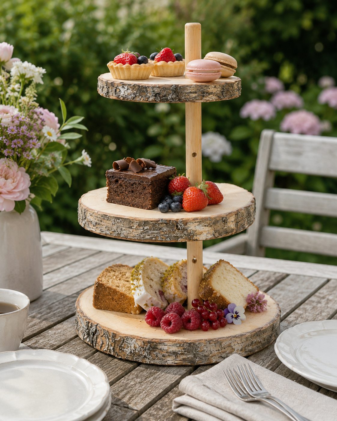 Two-tier birch stand with tarts, macarons and cake slices on a garden table