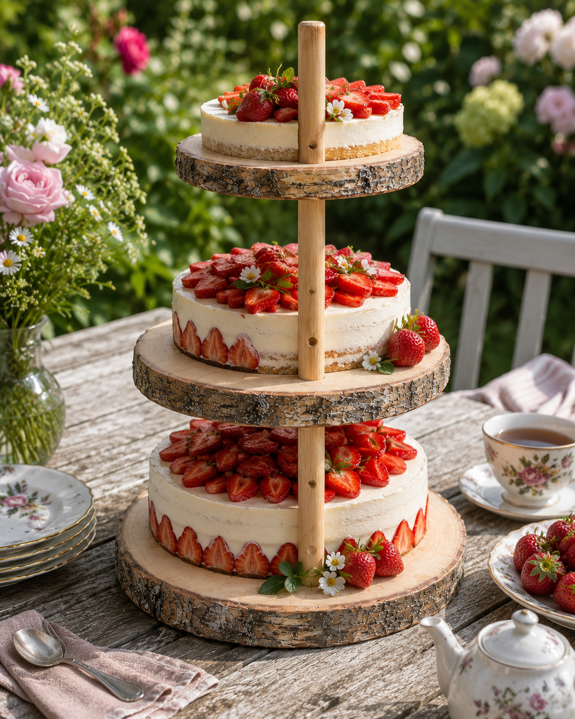 Three-tier birch cake stand with strawberry layer cakes in a summer garden