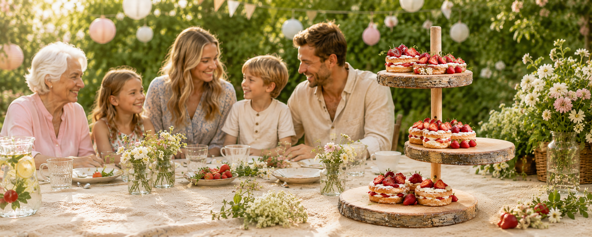 Family garden party with a three-tier wooden cake stand of strawberry cakes