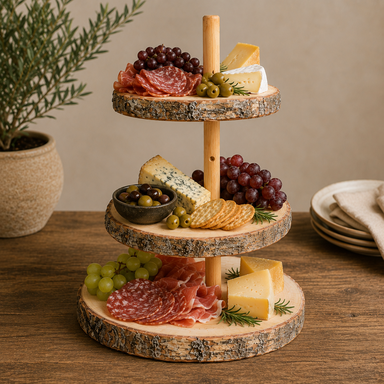 Three-tier stand with cheese, grapes, olives and charcuterie